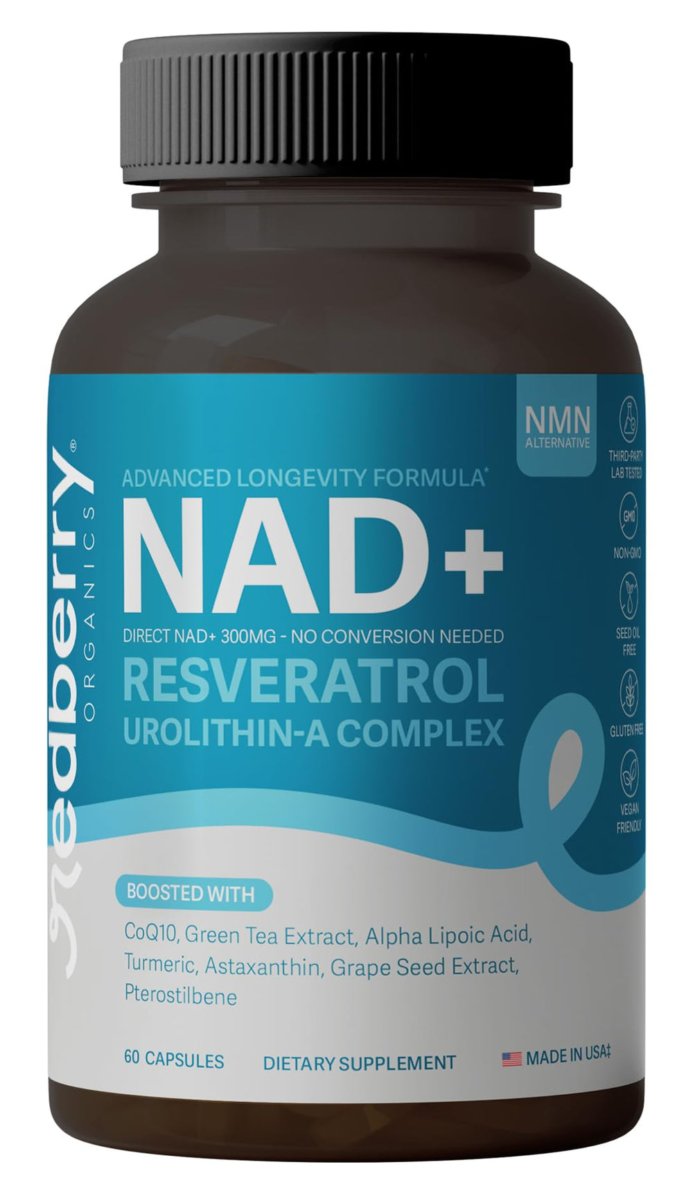 Redberry NAD+ Direct NAD bottle shows a daily energy support option