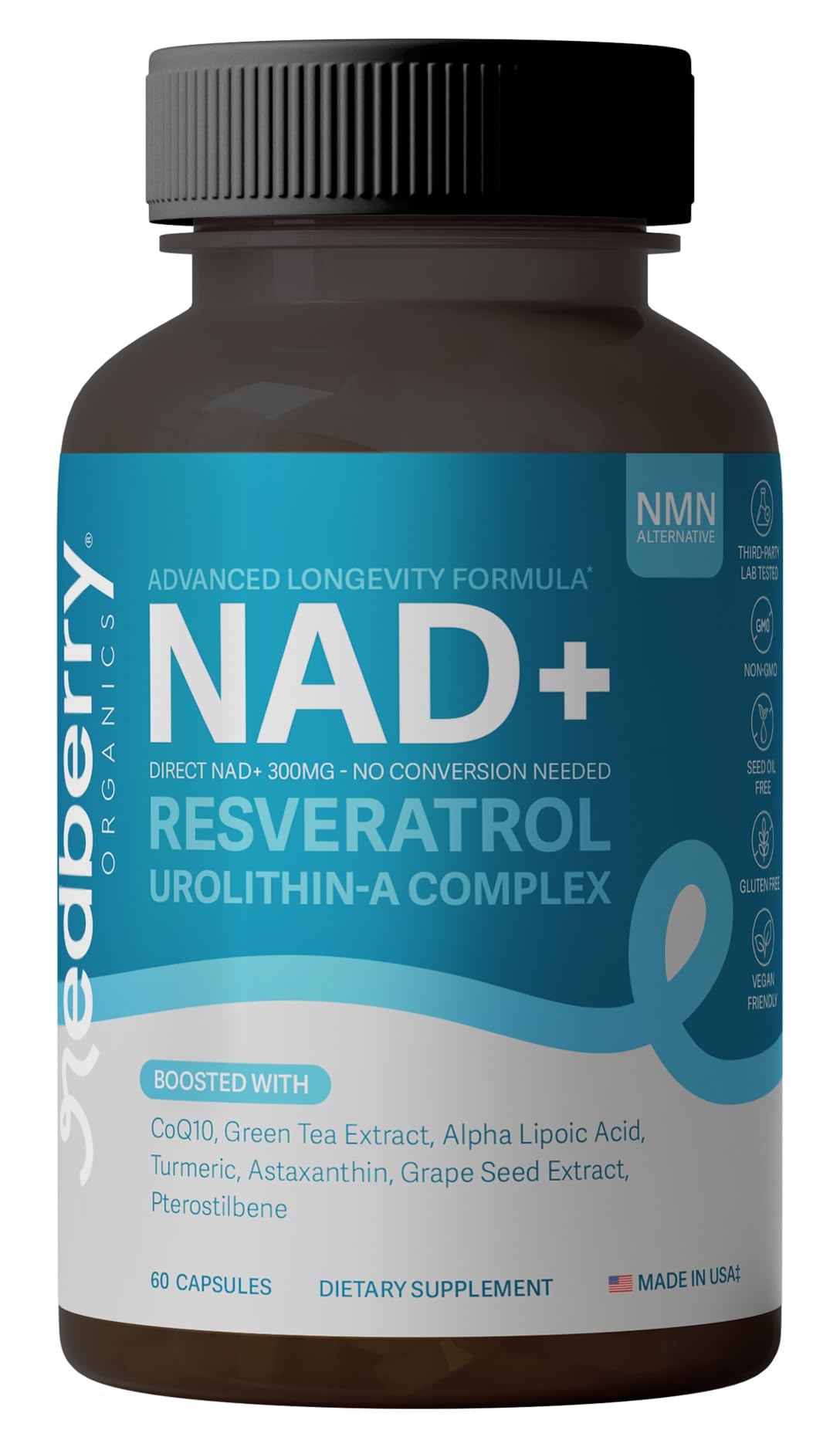Redberry NAD+ Direct NAD bottle shows a daily energy support option
