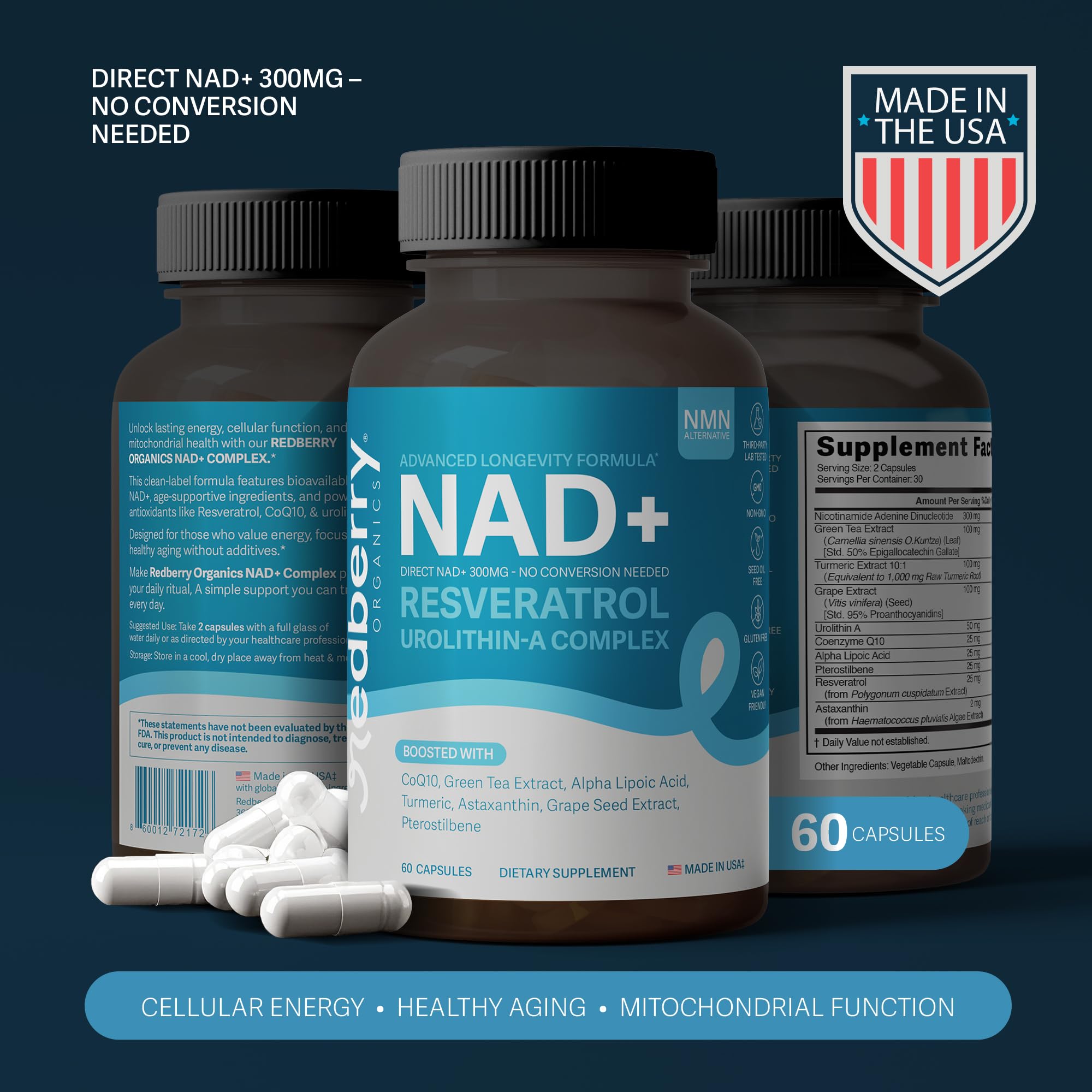 Redberry NAD+ Urolithin A formula image emphasizing longevity ingredients