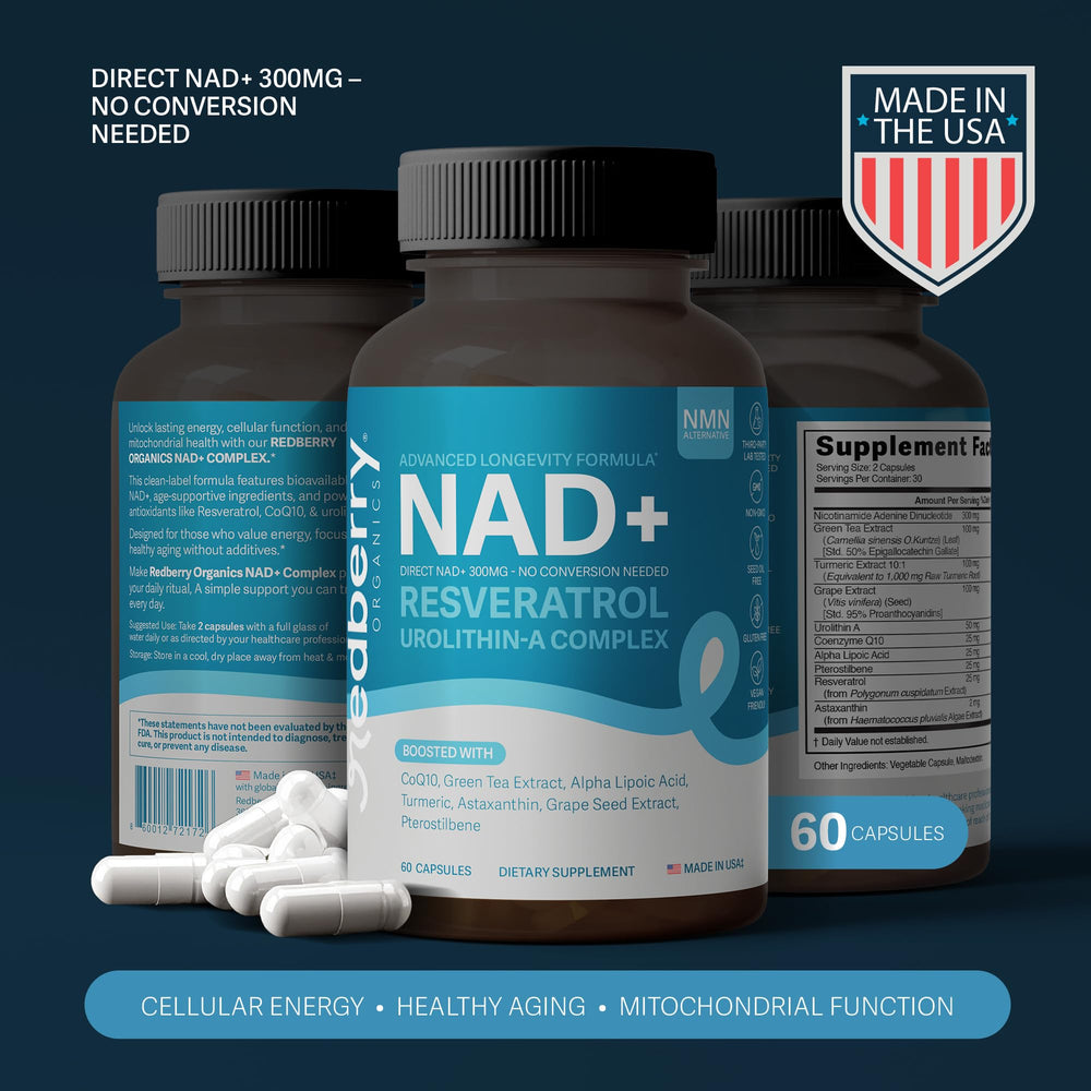 Redberry NAD+ Urolithin A formula image emphasizing longevity ingredients