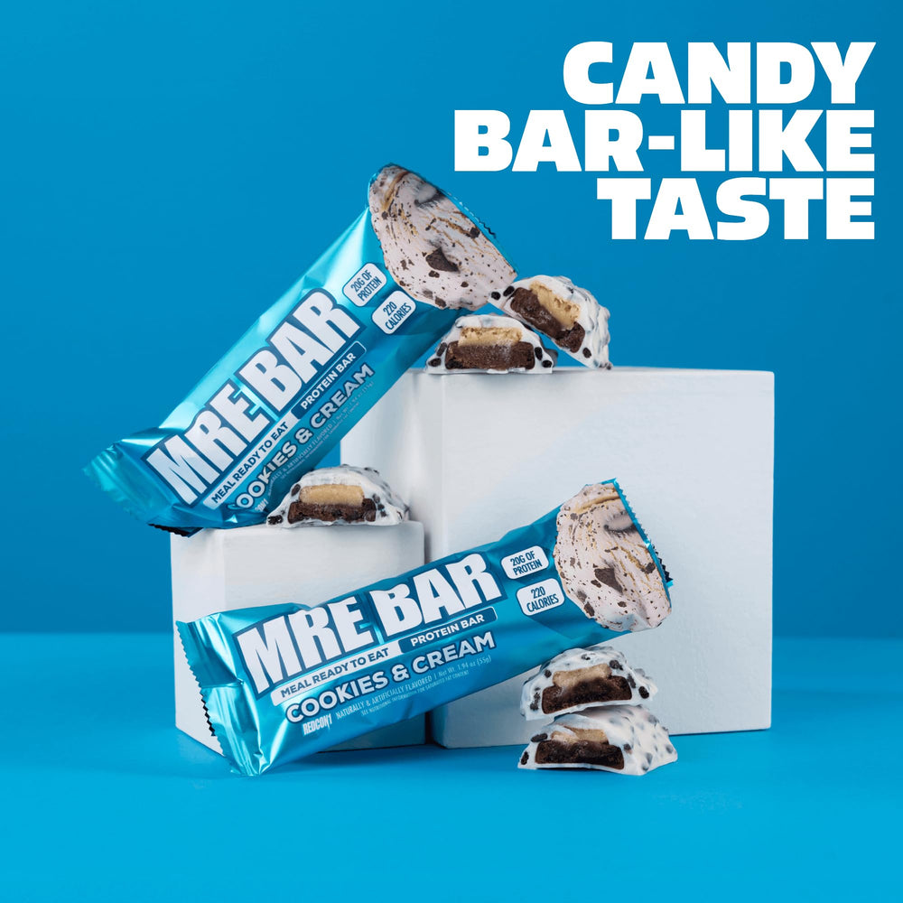 MRE Bar cookies & cream shown in an on-the-go snack scenario.