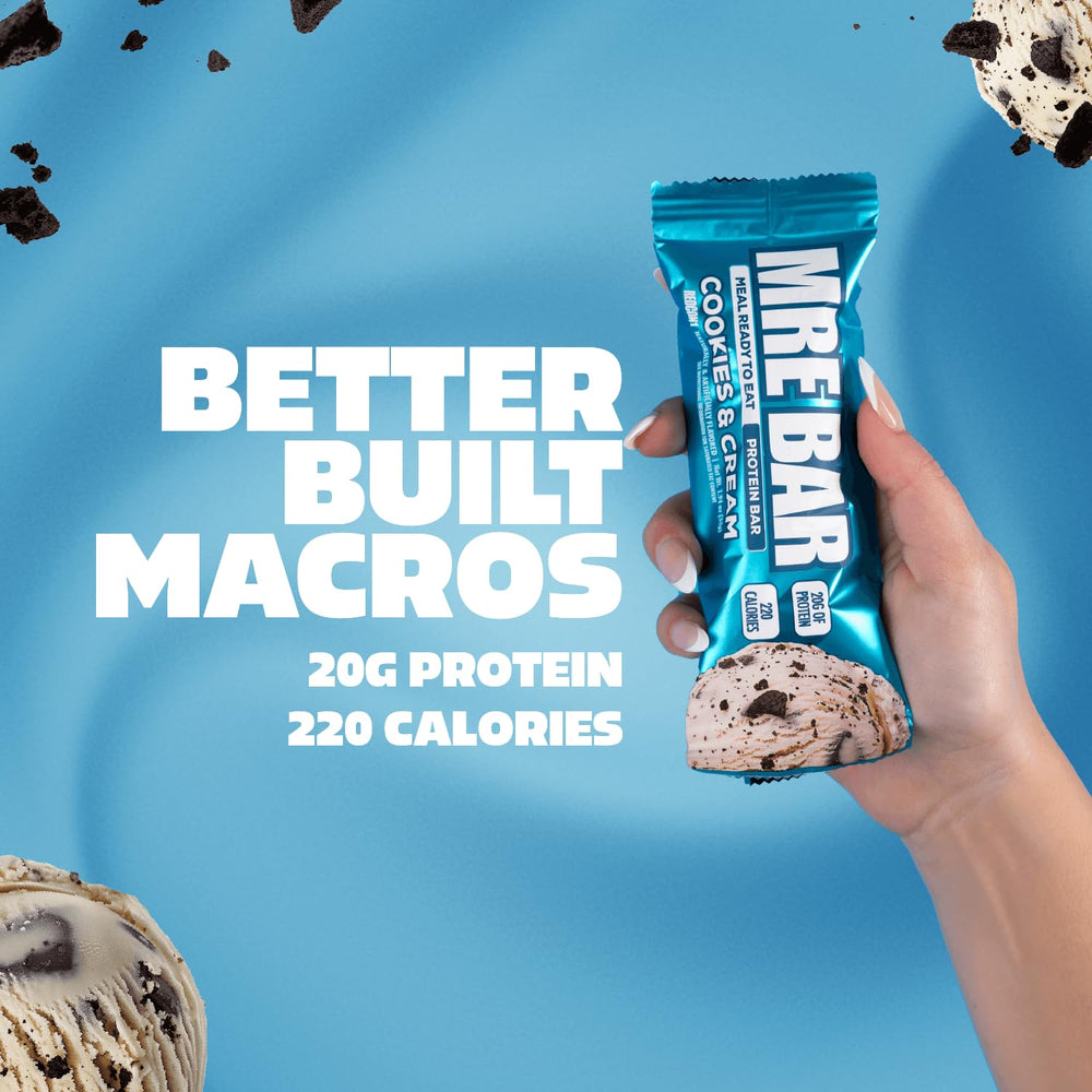 Nutrition panel emphasizes low sugar and balanced macros for REDCON1 MRE Bar.