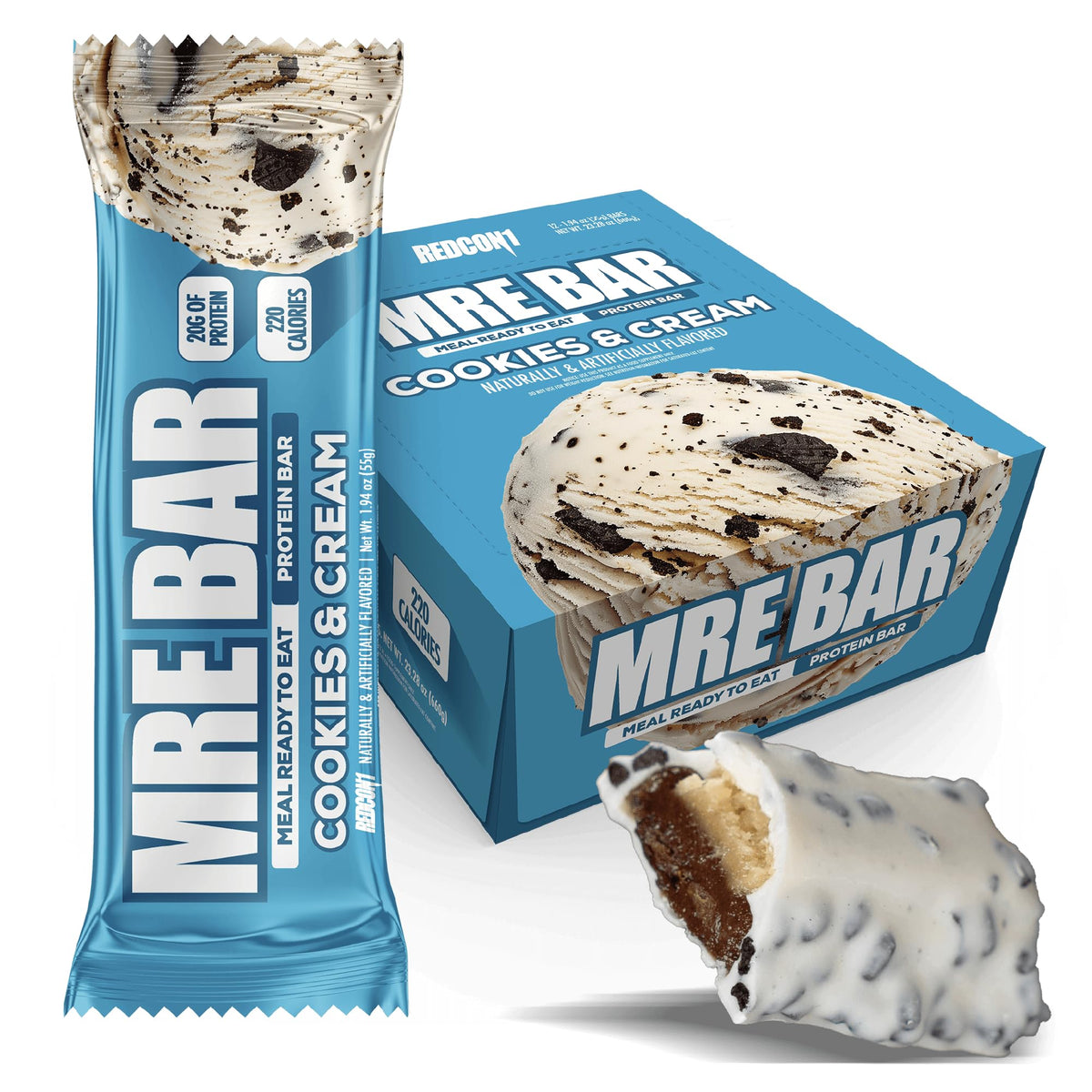 REDCON1 MRE Bar cookies & cream packaging ready for on-the-go nutrition.