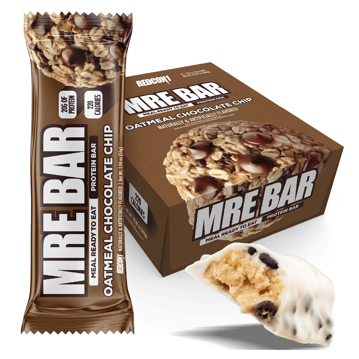 Redcon1 MRE Bar front view with oatmeal chocolate chip, ideal on-the-go protein snack