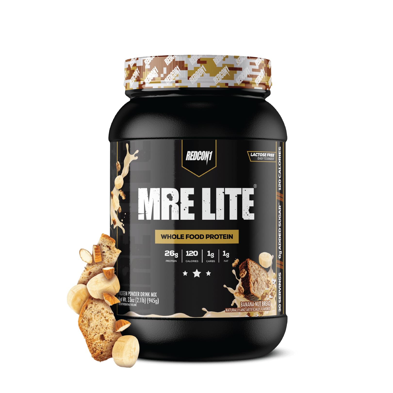 Redcon1 MRE LITE banana nut bread bottle pour for quick lactose-free protein on the go.