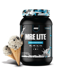 REDCON1 MRE LITE Cookies & Cream bottle shows lactose-free protein blend.