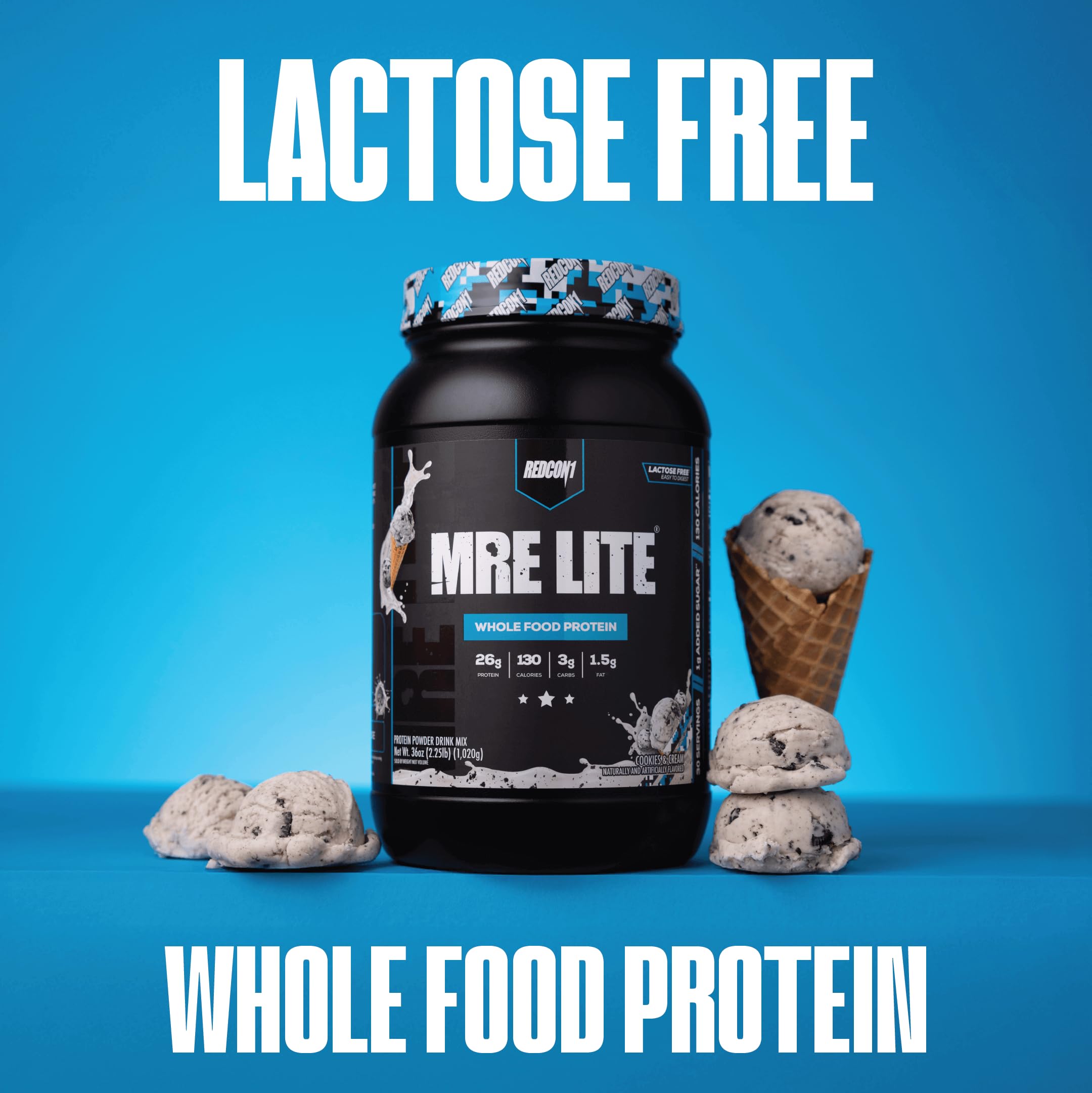 REDCON1 MRE LITE lactose-free label emphasizes easy digestion.