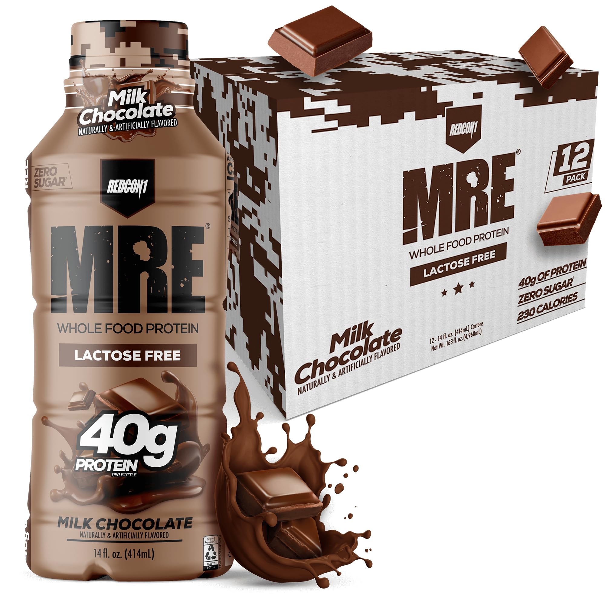REDCON1 MRE milk chocolate bottle shows lactose-free on-the-go protein.