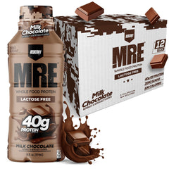 REDCON1 MRE milk chocolate bottle shows lactose-free on-the-go protein.