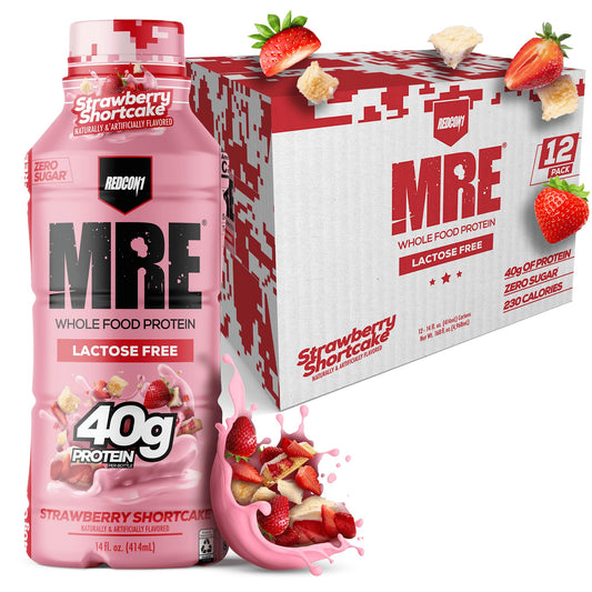 Redcon1 MRE Ready-to-Drink Shake strawberry shortcake bottle showcases lactose-free, convenient protein.
