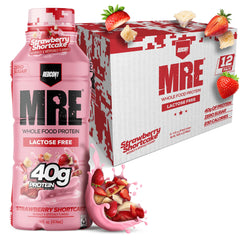 Redcon1 MRE Ready-to-Drink Shake strawberry shortcake bottle showcases lactose-free, convenient protein.