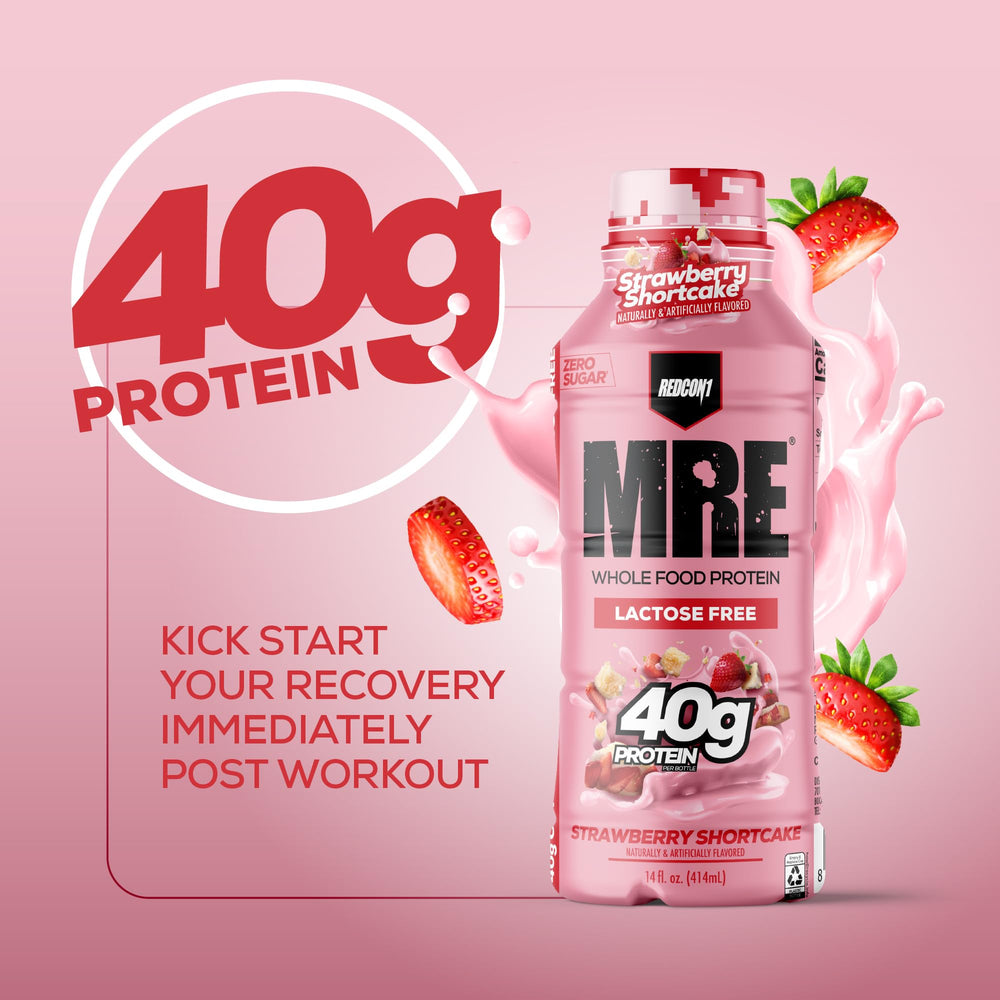 Redcon1 MRE Shake strawberry shortcake serving glass conveys ready-to-drink convenience.
