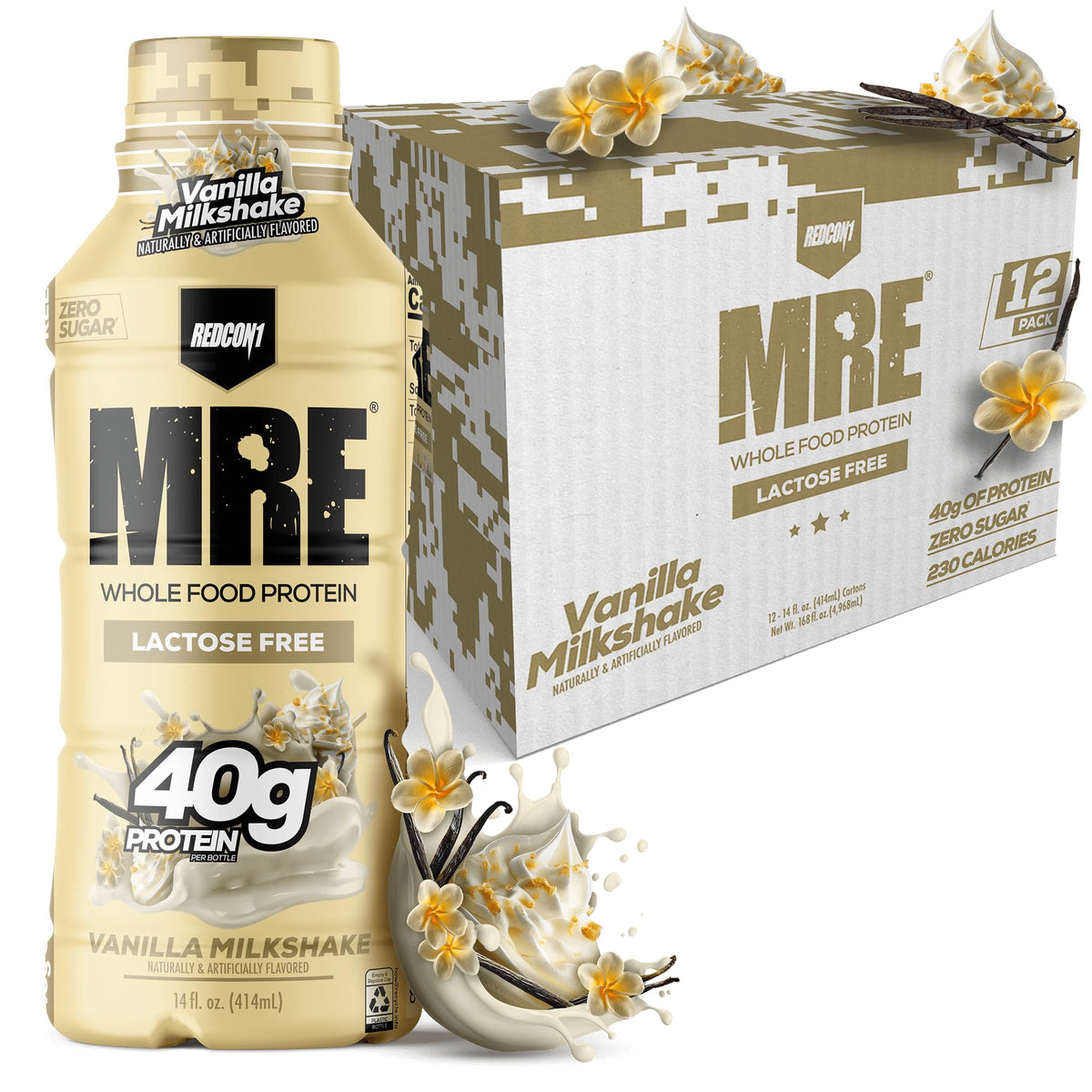 REDCON1 MRE Vanilla Milkshake bottle for lactose-free on-the-go protein.