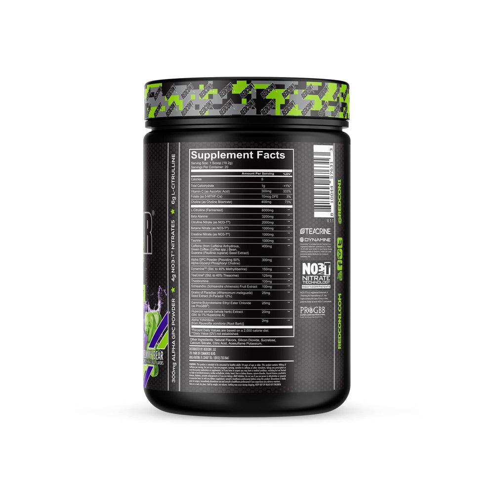 REDCON1 Total War Black Ops Sour Gummy Bear bottle highlighting flavor and energy