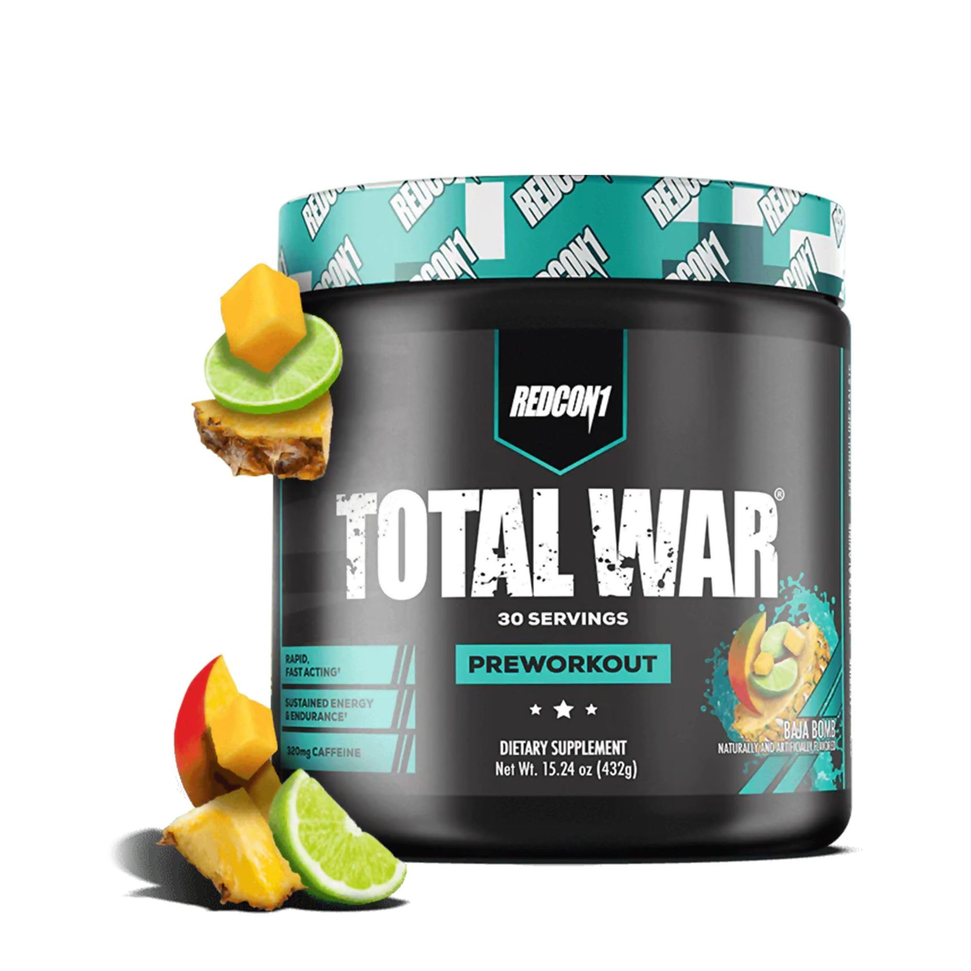 Redcon1 Total War Baja Bomb label highlights keto-friendly pre-workout formula for focus.