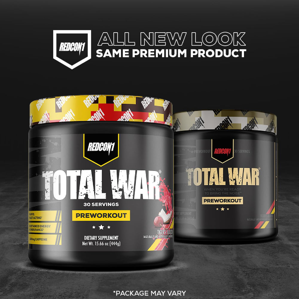 Shaker with Redcon1 Total War grape pre-workout ready for workouts.