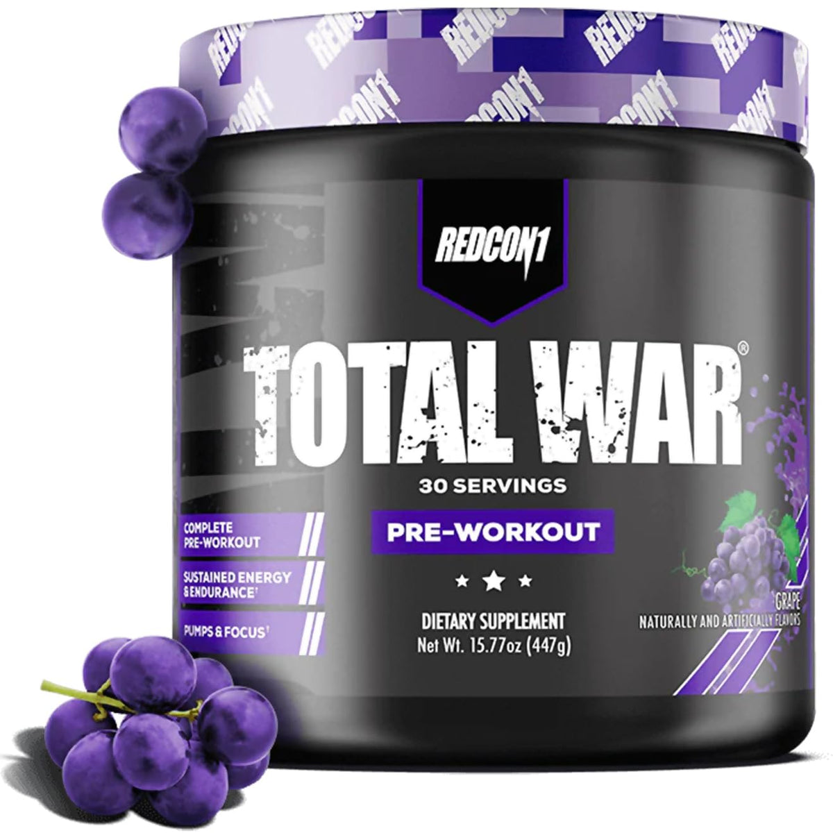 Redcon1 Total War grape pre-workout tub ready for intense training.