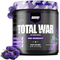 Redcon1 Total War grape pre-workout tub ready for intense training.