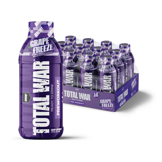 Redcon1 Total War RTD bottle in grape flavor for sustained workout energy.