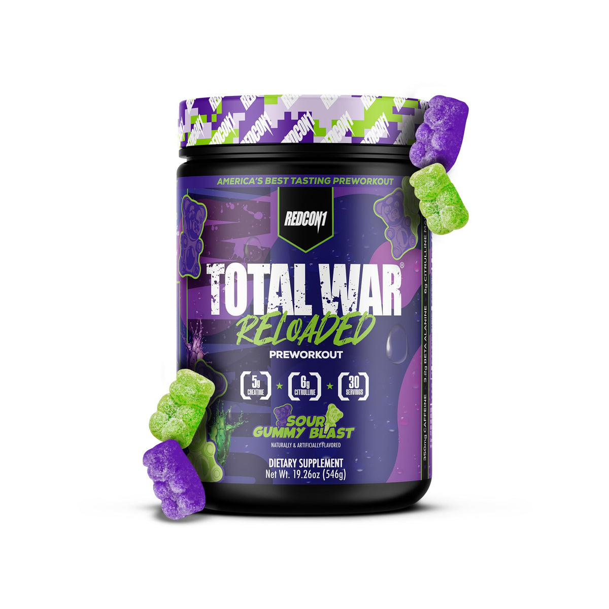 REDCON1 Total War Reloaded Sour Gummy Bear canister shows flavor and serving size for workouts.