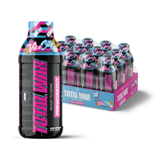 REDCON1 Total War RTD Vice City bottle delivers fast-acting caffeine for focused workouts.