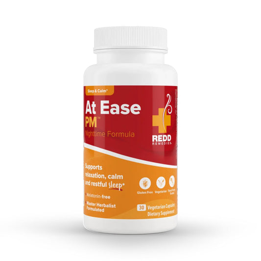 Redd Remedies At Ease PM bottle promoting a calm bedtime routine.