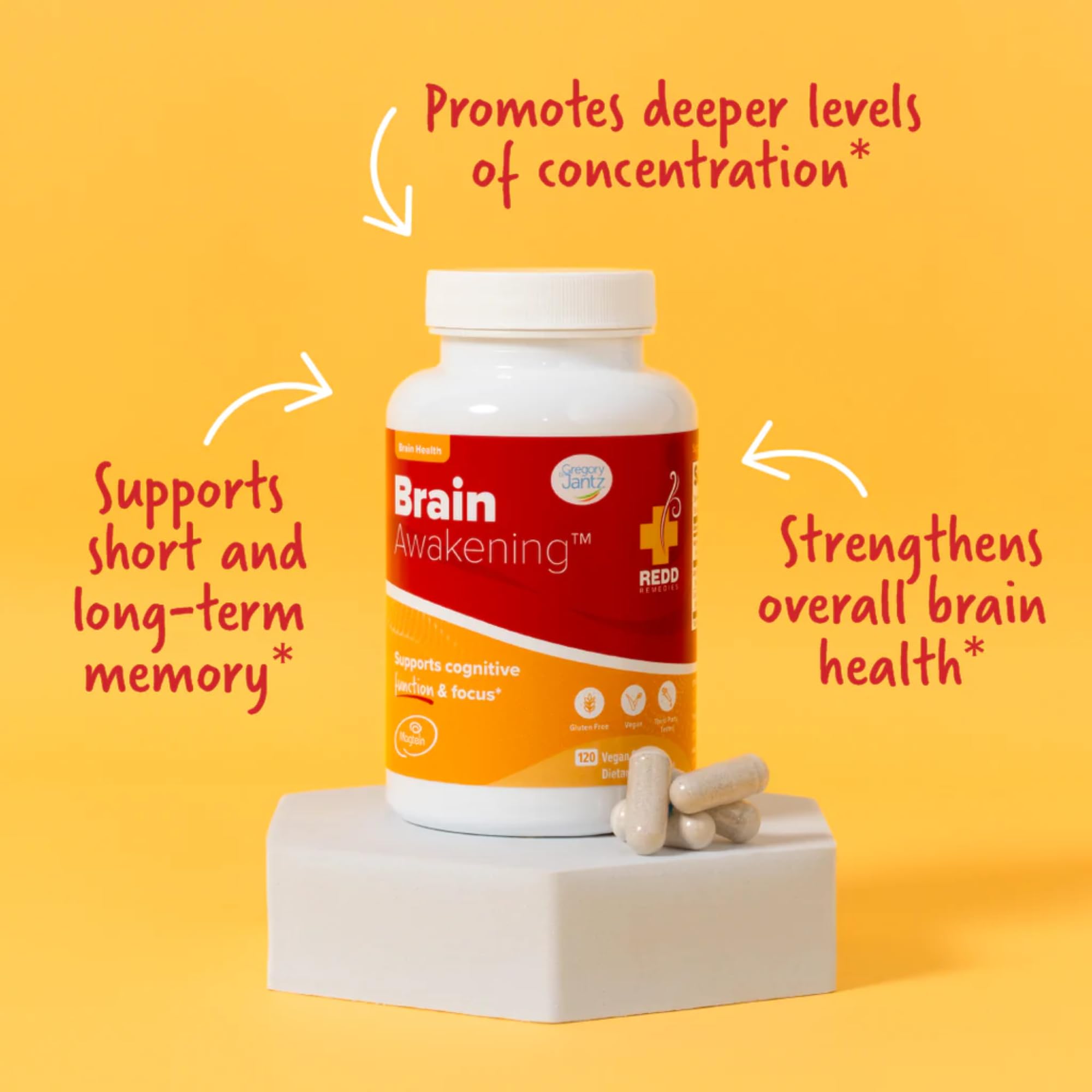 Close-up of Redd Remedies Brain Awakening label showing ingredients