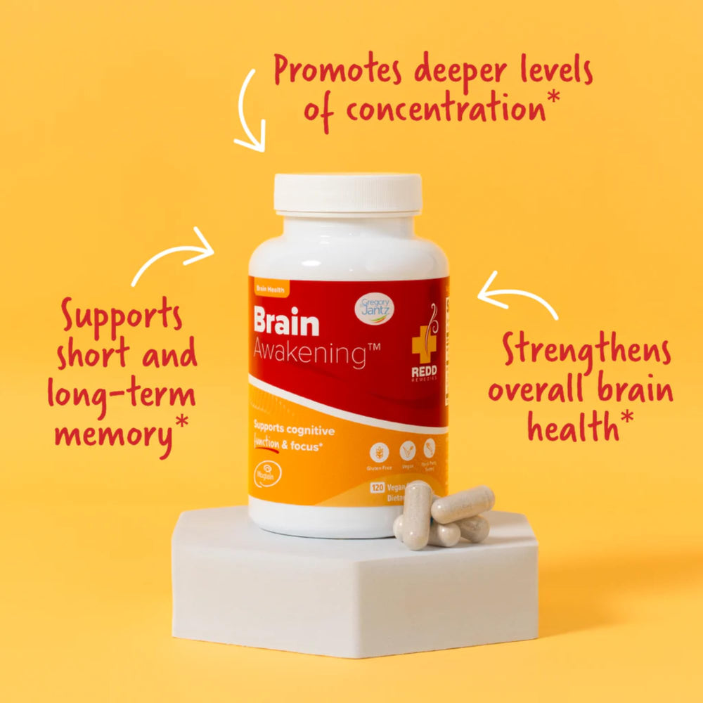 Close-up of Redd Remedies Brain Awakening label showing ingredients