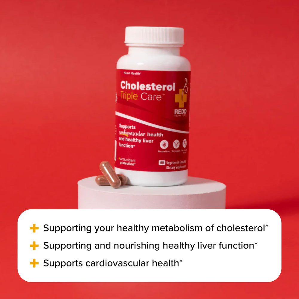 Redd Remedies Cholesterol Triple Care bottle held in hand for portability