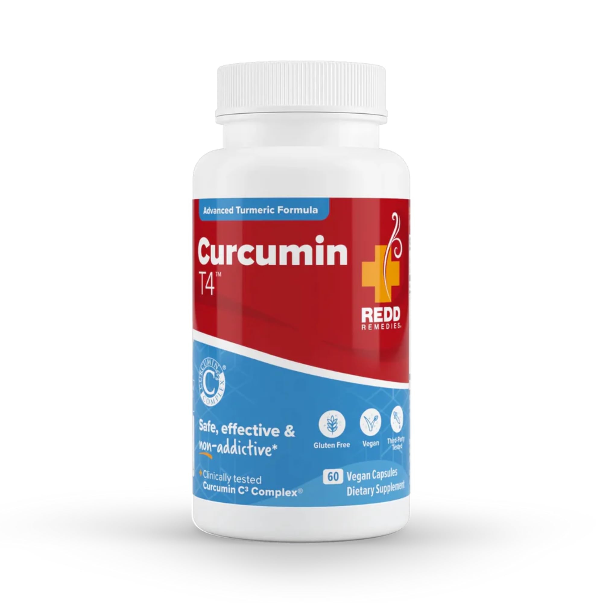 Redd Remedies Curcumin T4 bottle shows advanced turmeric formula for daily wellness