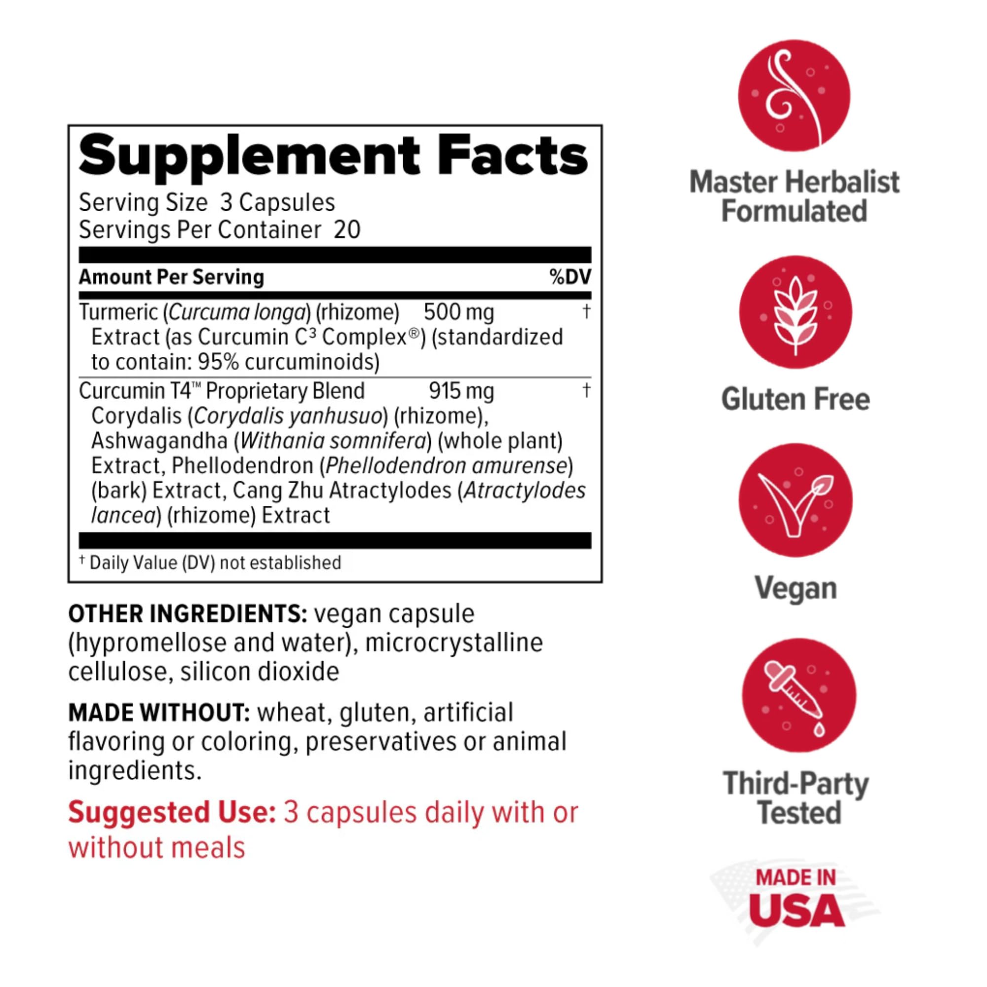 Redd Remedies Curcumin T4 capsules being poured for easy daily dosing