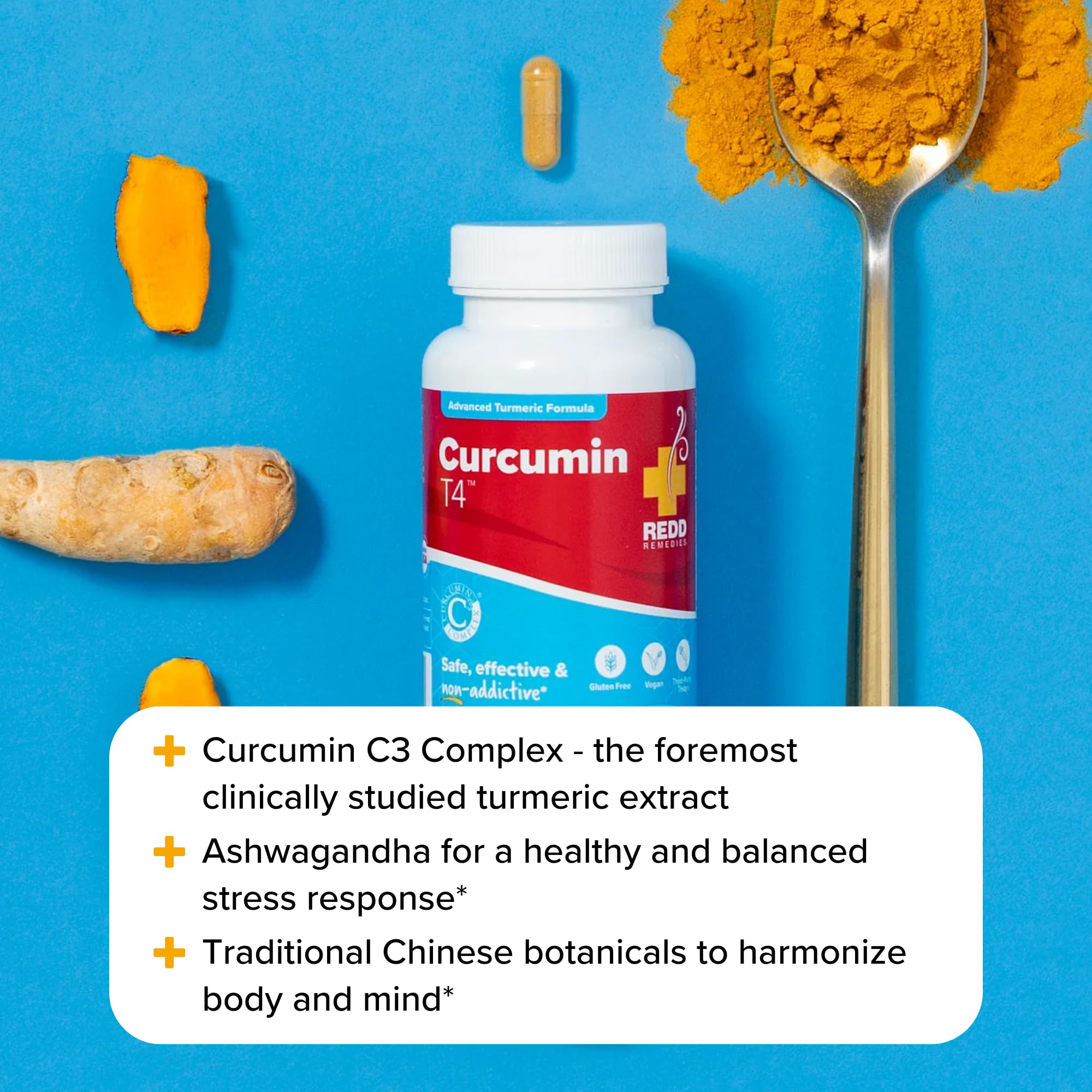 Redd Remedies Curcumin T4 gluten-free ingredients in a bottle