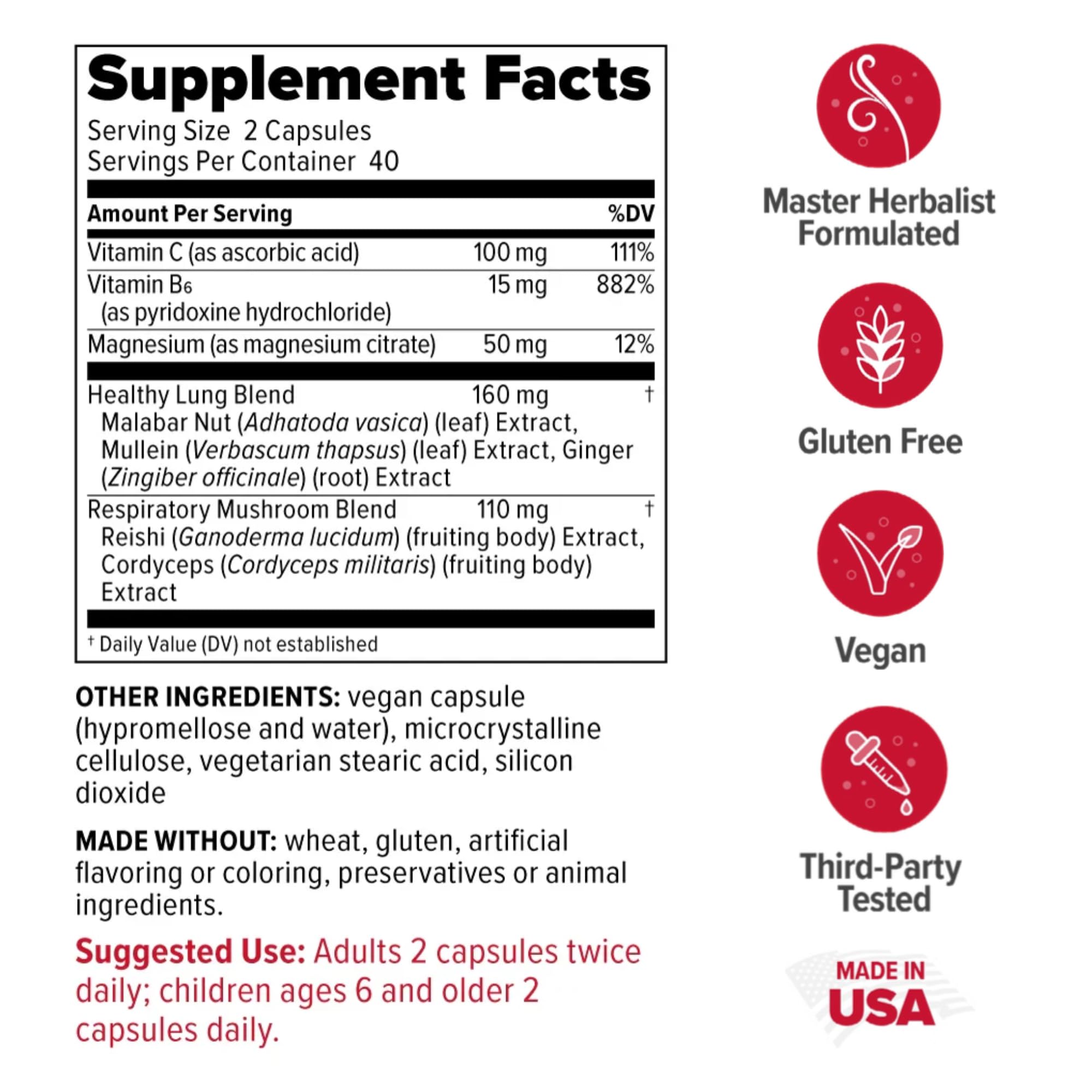 Redd Remedies Lung Care label lists herbal ingredients for respiratory comfort.