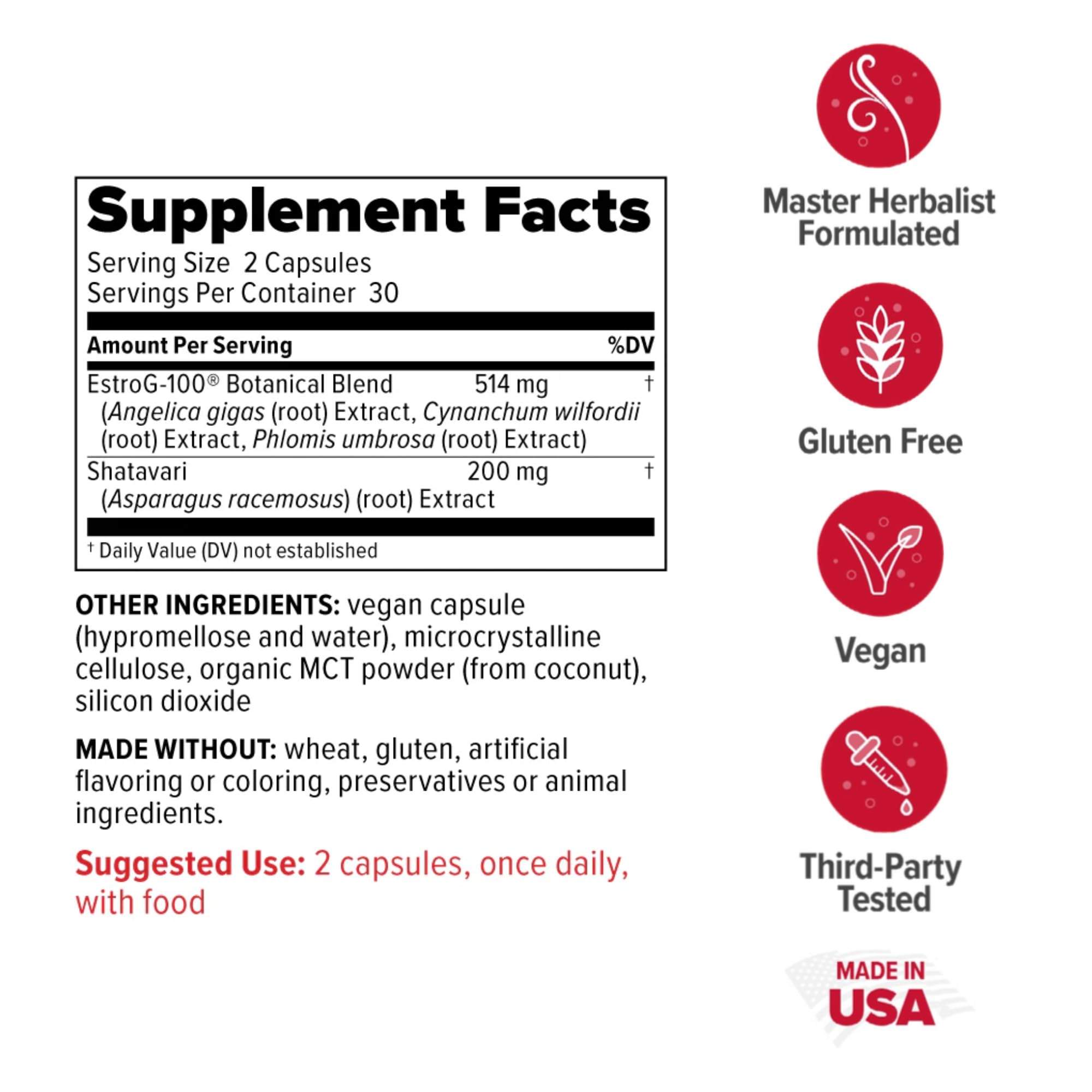 Redd Remedies MenoWise bottle side view highlighting vegan, non-GMO capsules