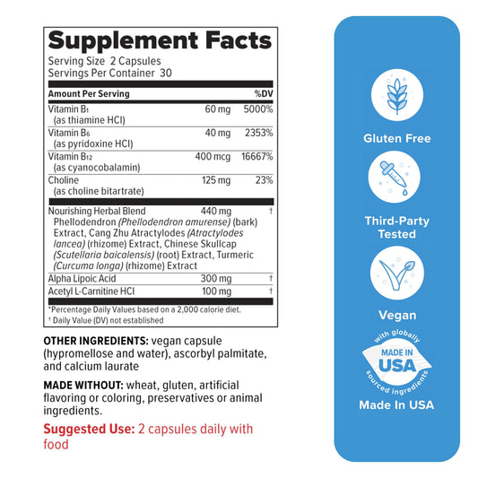 Close-up of Nerve Shield capsules showcasing plant-based formula for nerve function