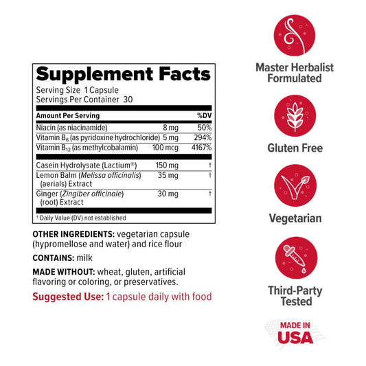 Redd Remedies Peaceful Mama bottle side showing daily capsules.