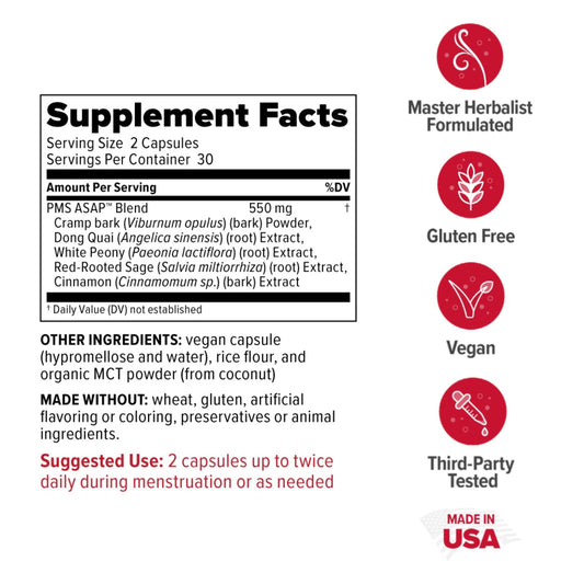 Redd Remedies PMS ASAP cramp bark ingredient close-up suggests targeted menstrual support