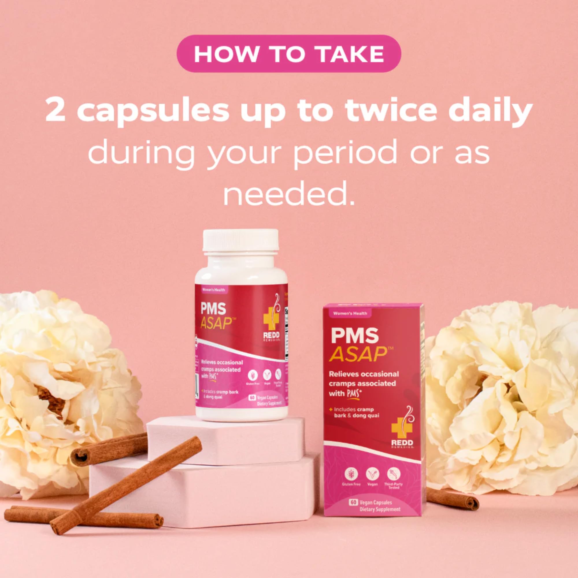 Redd Remedies PMS ASAP vegan capsules image indicates clean plant-based relief option
