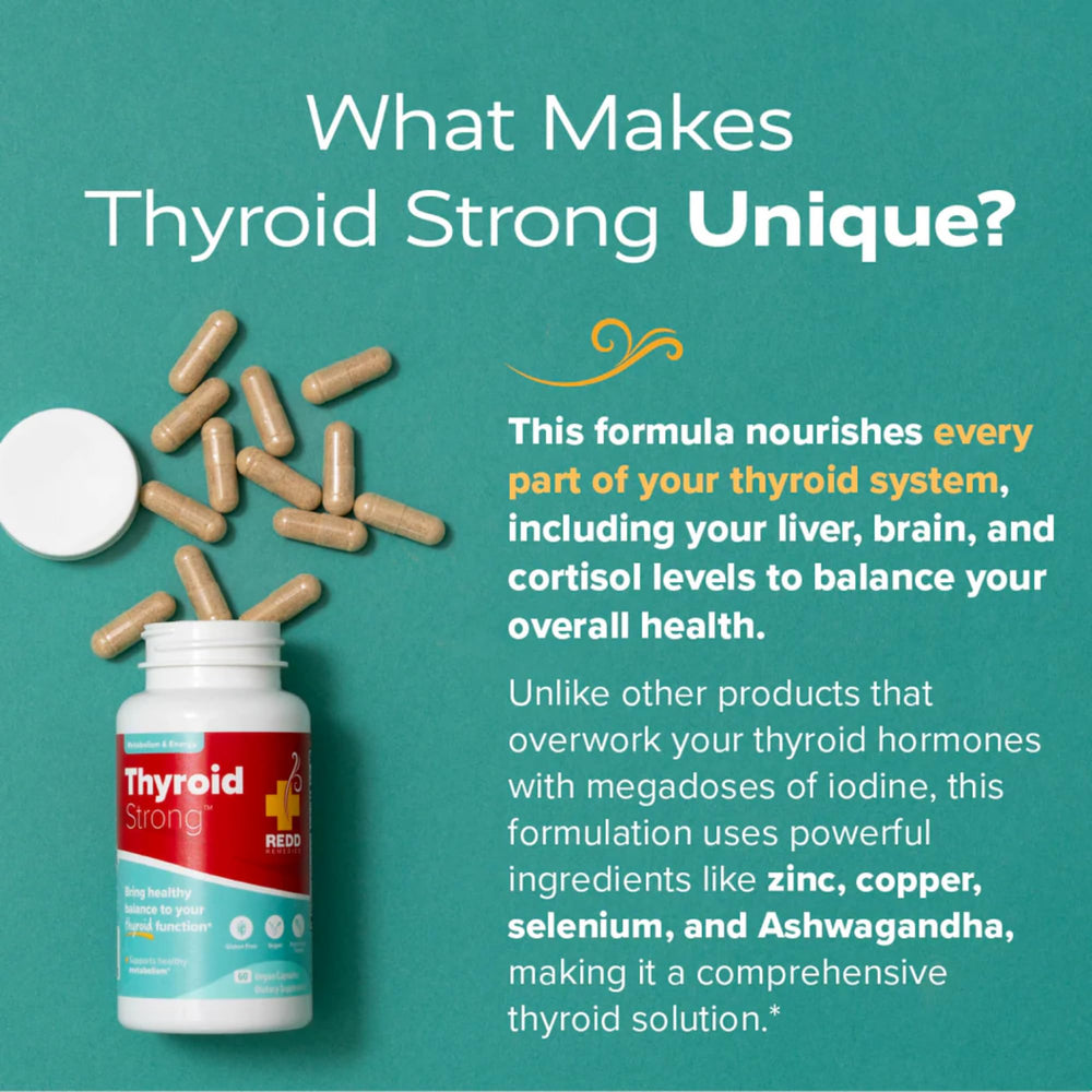 Redd Remedies Thyroid Strong bottle with glass suggests daily supplement routine for energy.