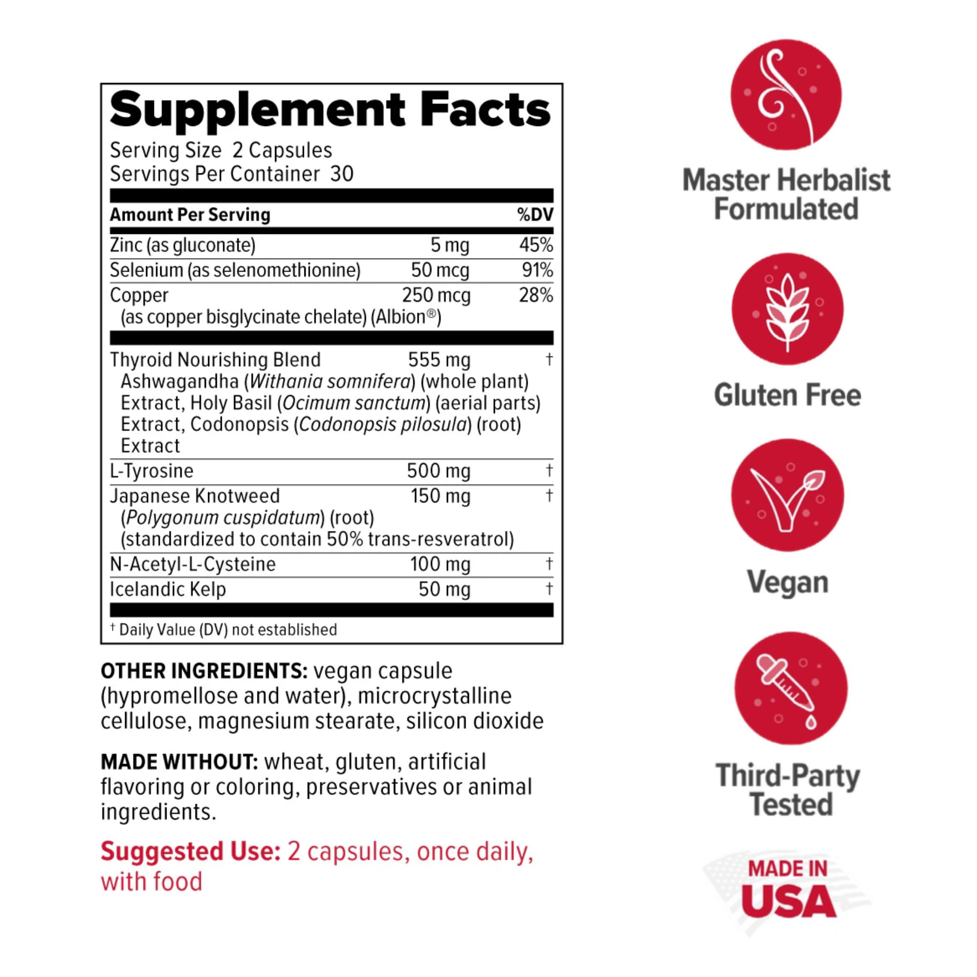 Close-up of Redd Remedies Thyroid Strong capsules highlighting a vegan formula for hormone balance.