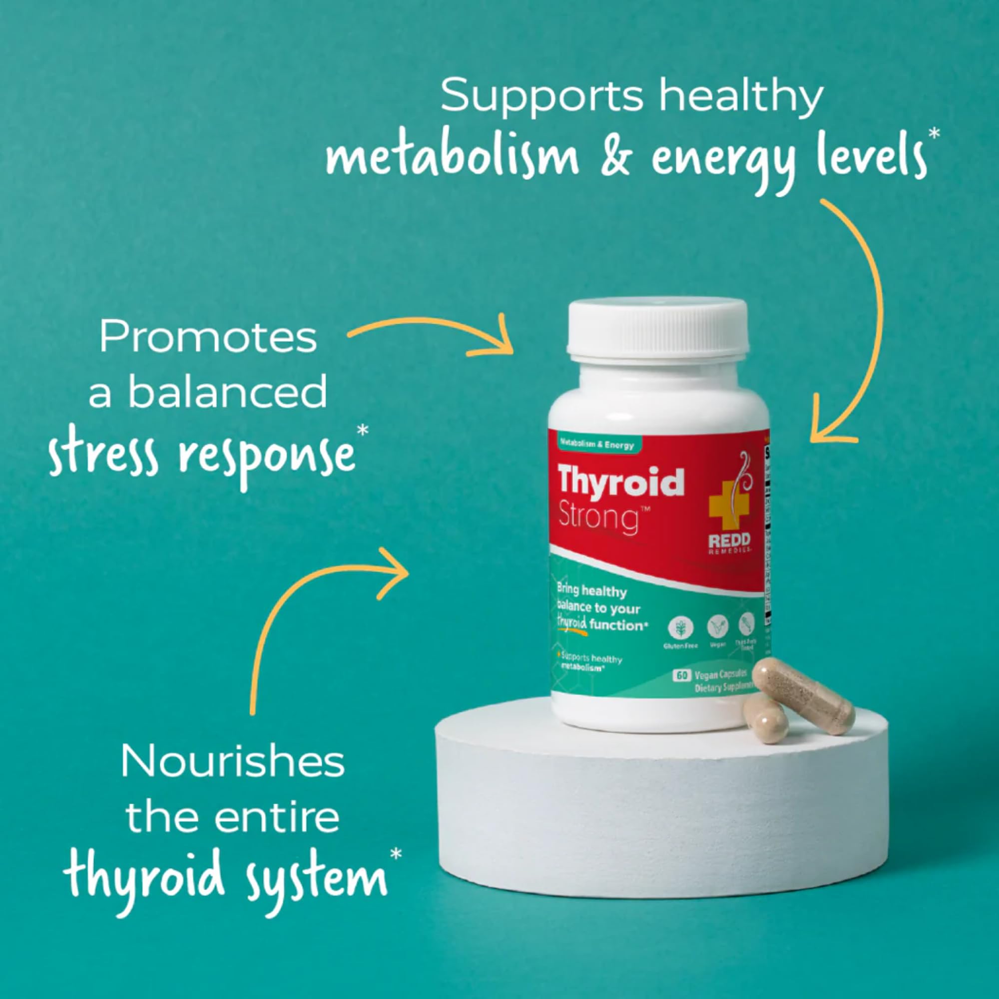 Redd Remedies Thyroid Strong label close-up showing zinc and selenium for thyroid support.