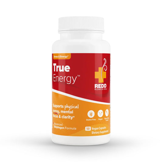 Redd Remedies True Energy bottle on kitchen counter promotes steady energy