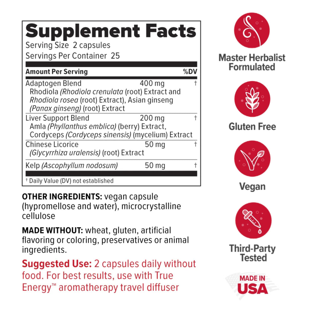 Redd Remedies True Energy capsules close-up showing vegan pills for daily stamina