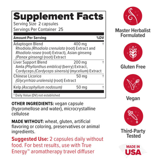 Redd Remedies True Energy capsules close-up showing vegan pills for daily stamina