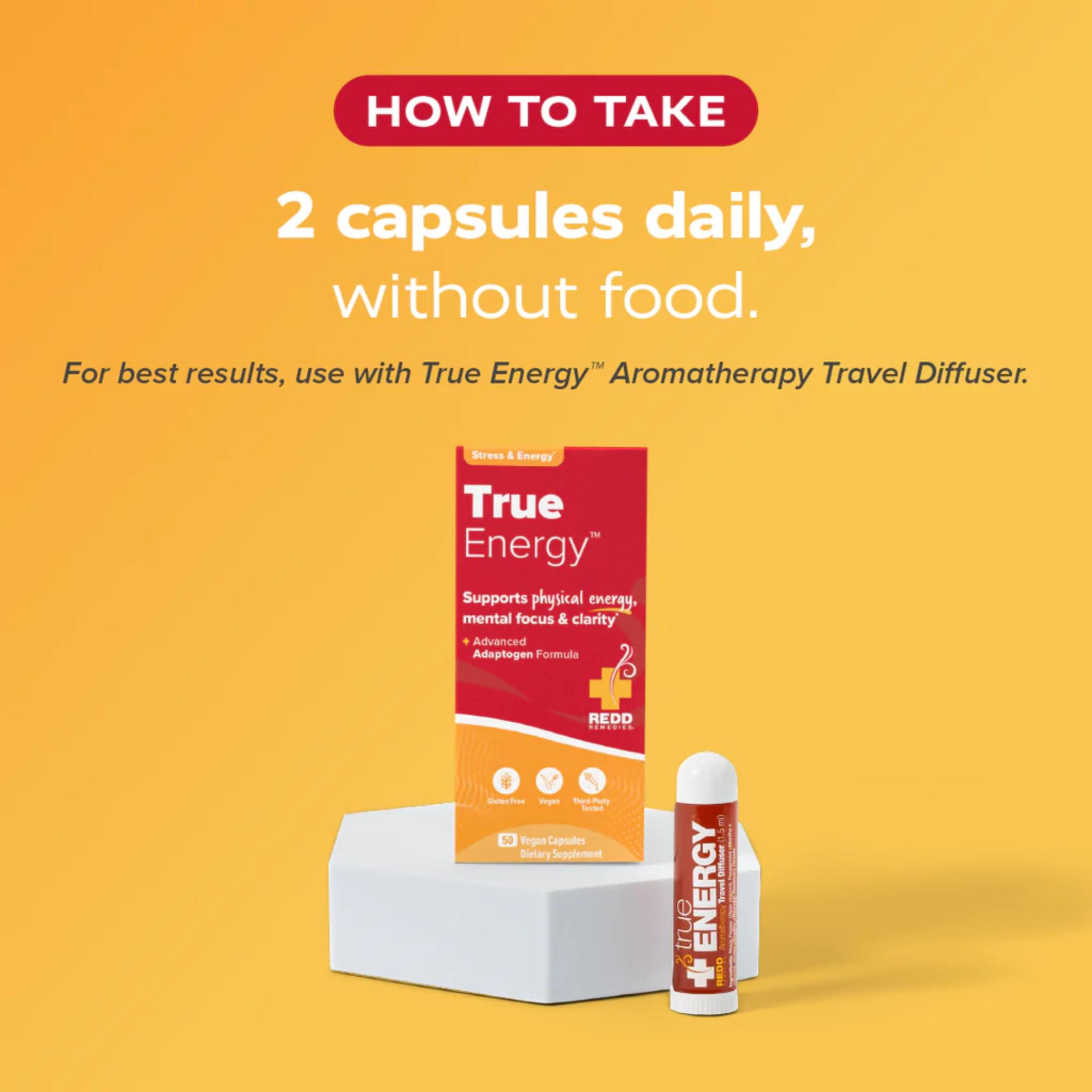 Redd Remedies True Energy product next to gym bag for workouts