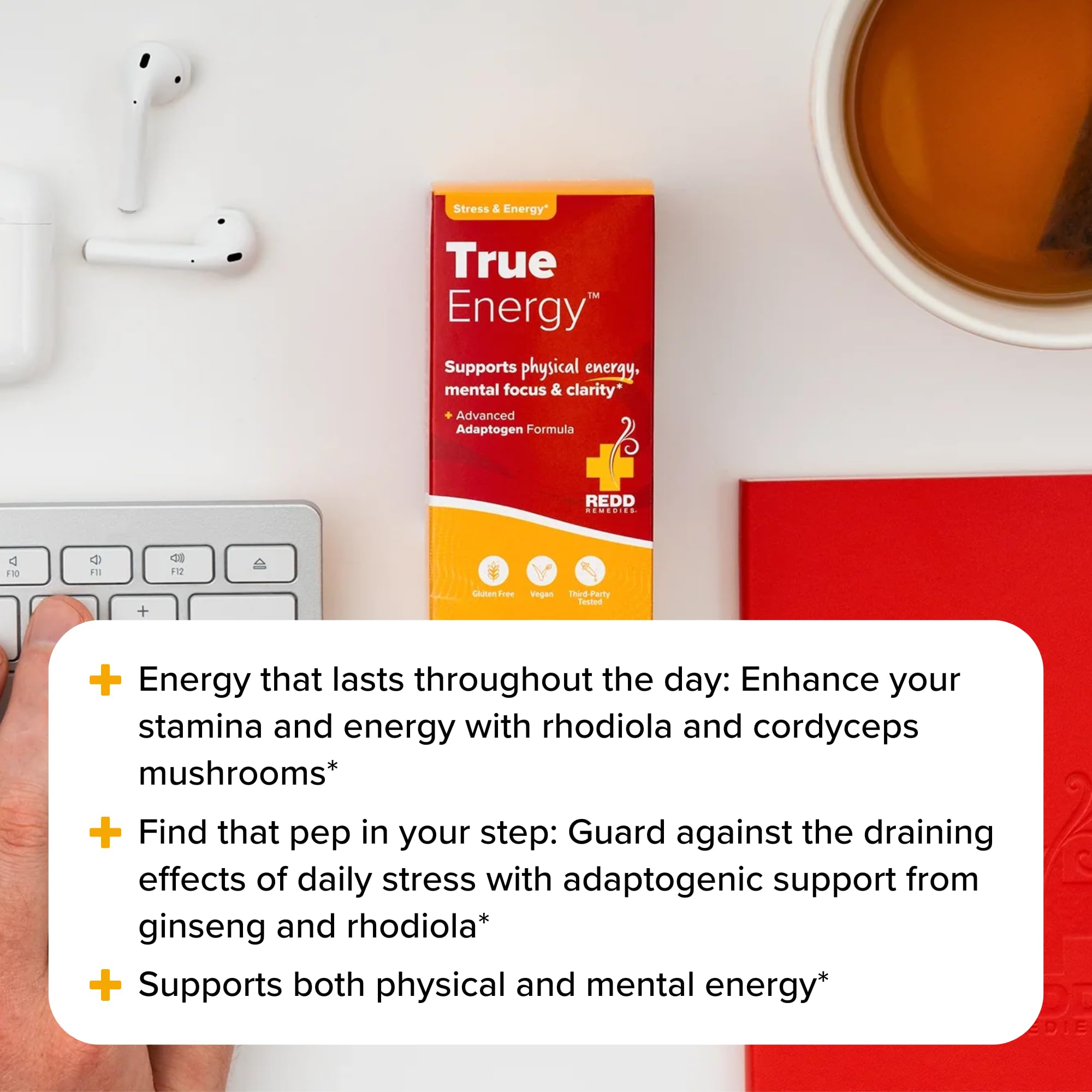Redd Remedies True Energy ingredients display shows adaptogens and vitamins