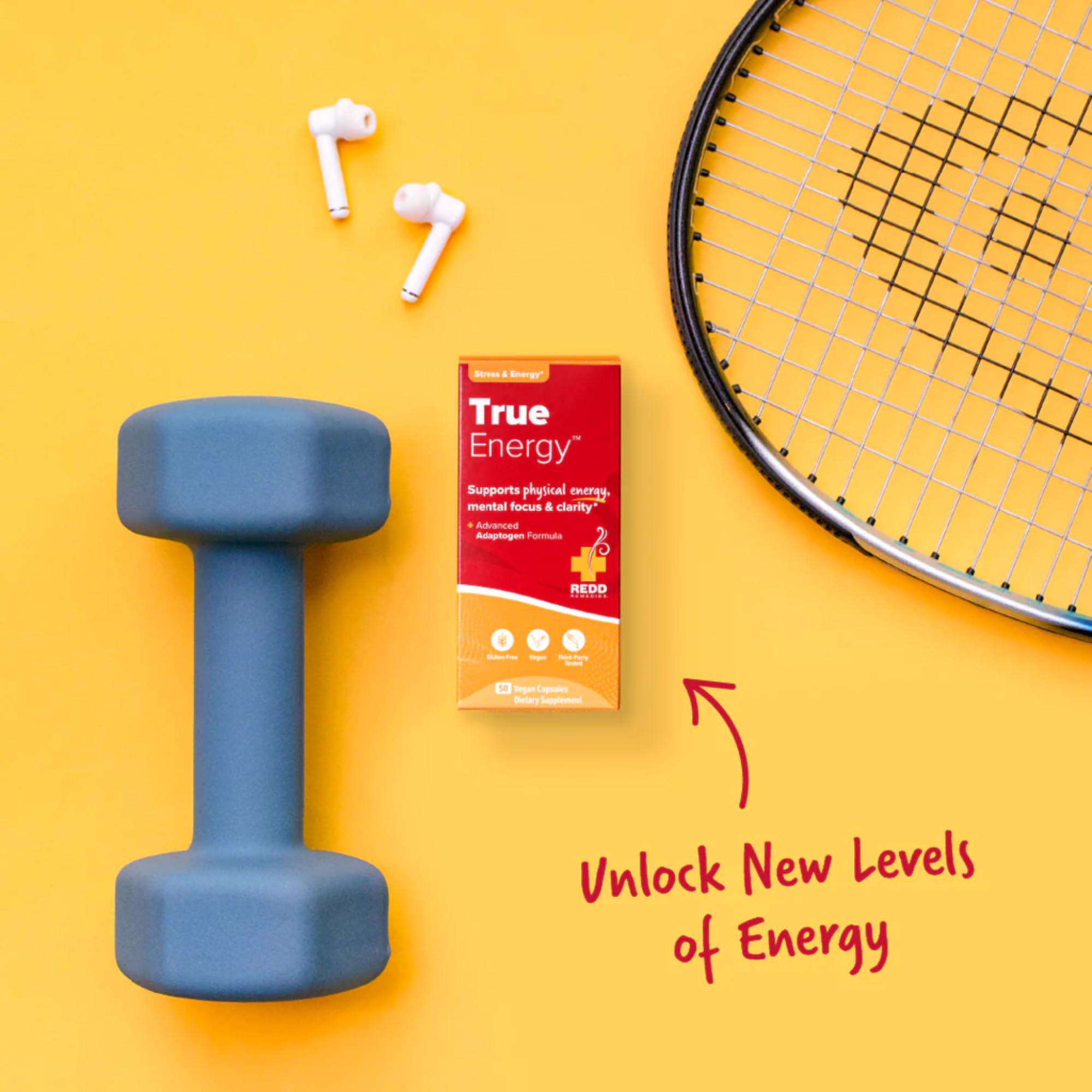 Redd Remedies True Energy label highlights key ingredients and benefits