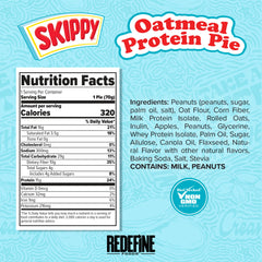REDEFINE Oatmeal Protein Pie cross-section reveals creamy SKIPPY filling and oat crust.