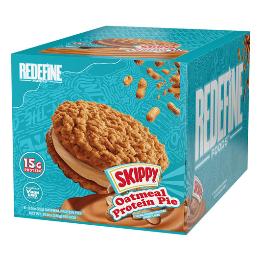 REDEFINE Oatmeal Protein Pie front packaging shows a protein-packed snack option.