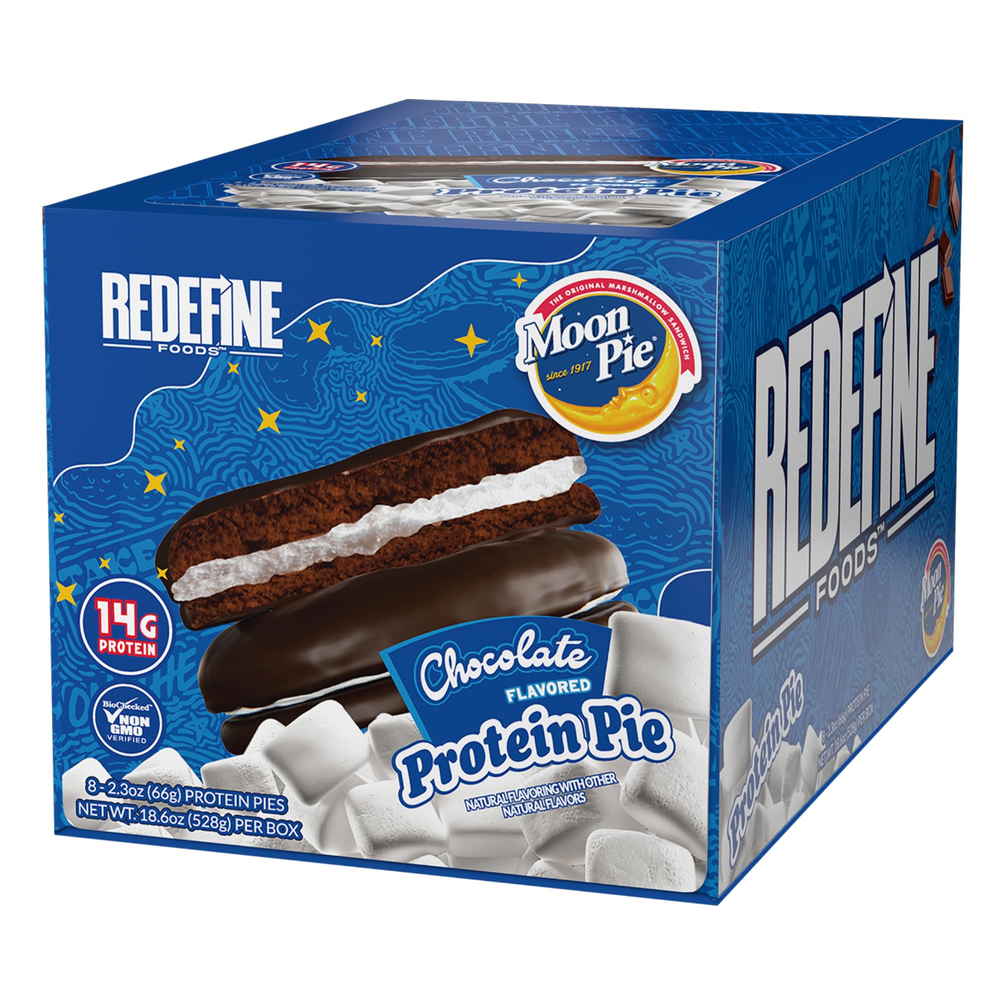 REDEFINE Protein Pie MoonPie Chocolate 8-count package for a protein-rich snack.